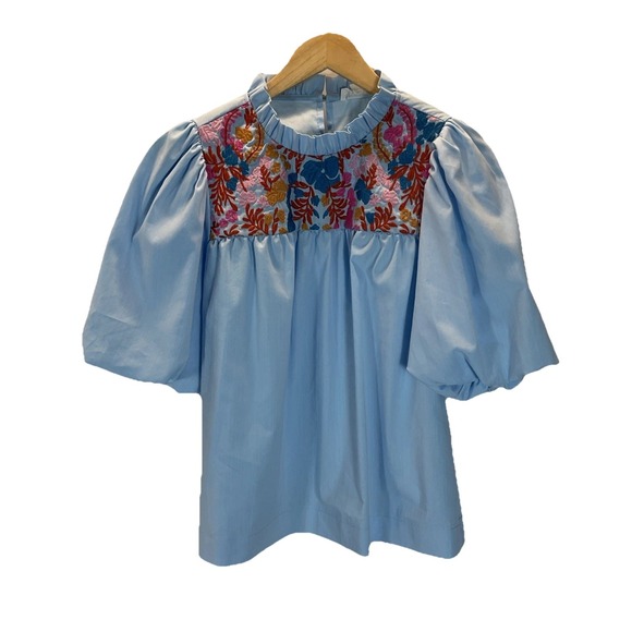 THML Blouse Womens M Blue Floral Puff Sleeve Boho Top Ruffle Neck Embroidered - Picture 1 of 10